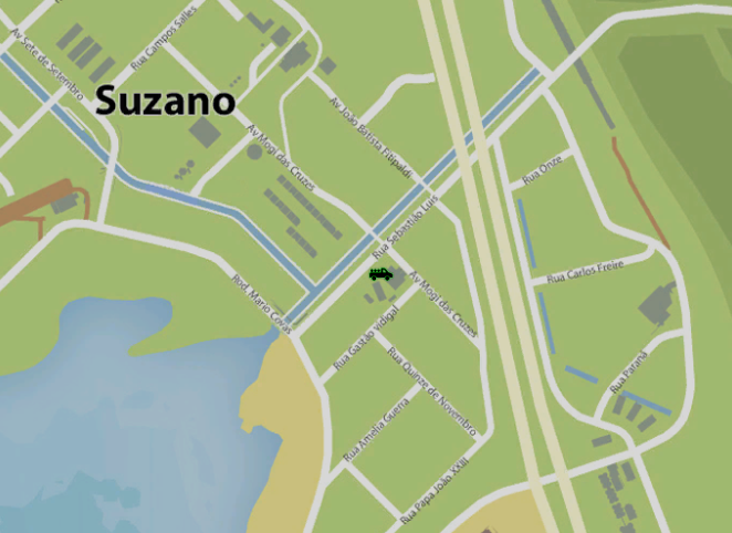 Mapa com a localização atual da entrada da Fazenda V2 em Suzano